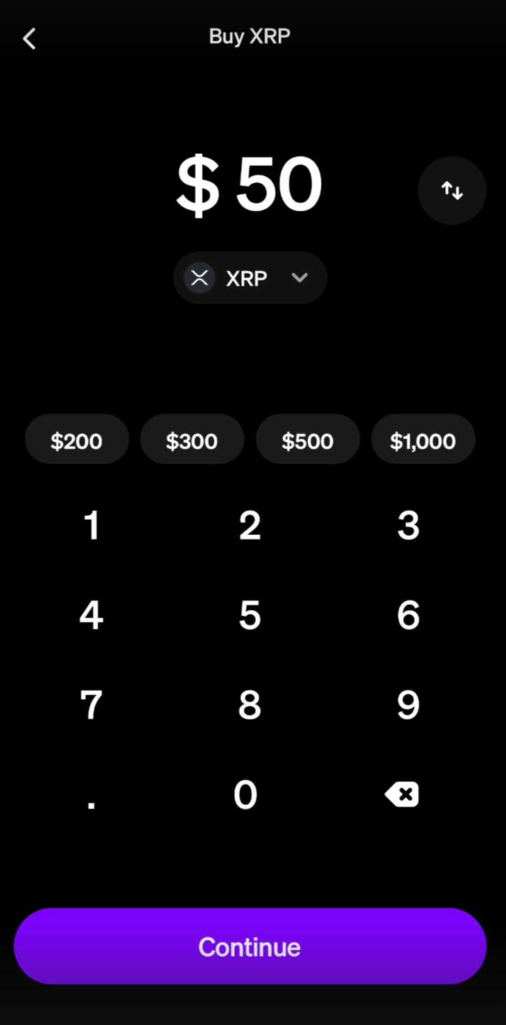 A screenshot of the Buy XRP screen in the MoonPay app